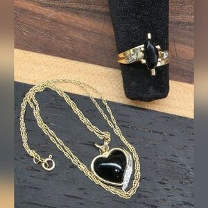 14K 10K Plumb Solid Yellow Gold Diamond Onyx Heart Pendant Ring & Necklace